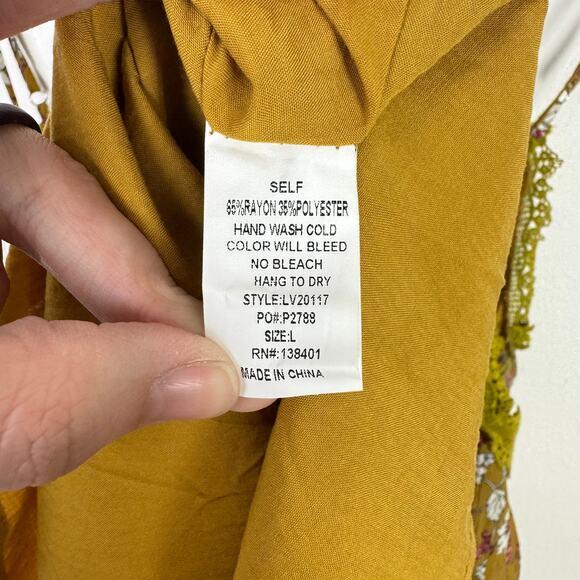L Love NWT Mustard Yellow Floral Crepe Texture & Lace Cold Shoulder Mini Dress - Picture 10 of 10